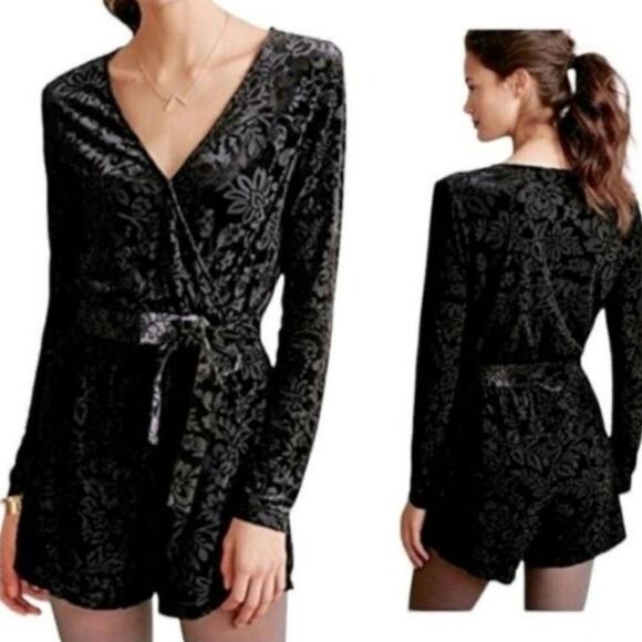 Saylor Anthropologie Floral Burnout Velvet Long Sleeve Romper - Picture 1 of 9